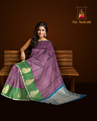 Plum Mango Motif Kanchipuram Silk Saree with Green Border and Blue Pallu
