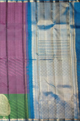 Plum Mango Motif Kanchipuram Silk Saree with Green Border and Blue Pallu