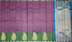 Plum Mango Motif Kanchipuram Silk Saree with Green Border and Blue Pallu