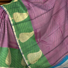 Plum Mango Motif Kanchipuram Silk Saree with Green Border and Blue Pallu