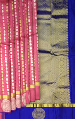 Tomato Pink Vertical Bhutta Kanchipuram Silk Saree with Royal Blue Accents