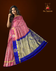 Tomato Pink Vertical Bhutta Kanchipuram Silk Saree with Royal Blue Accents