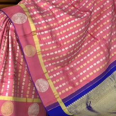 Tomato Pink Vertical Bhutta Kanchipuram Silk Saree with Royal Blue Accents