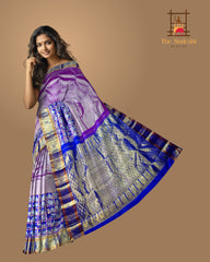 Purple Annam Checks Border Kanchipuram Silk Saree with Royal Blue Finish