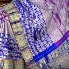 Purple Annam Checks Border Kanchipuram Silk Saree with Royal Blue Finish