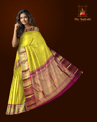 Yellow Checks with Peacock Motif Kanchipuram Silk Saree with Red Accents