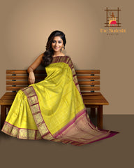 Yellow Checks with Peacock Motif Kanchipuram Silk Saree with Red Accents