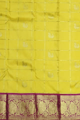 Yellow Checks with Peacock Motif Kanchipuram Silk Saree with Red Accents
