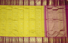 Yellow Checks with Peacock Motif Kanchipuram Silk Saree with Red Accents