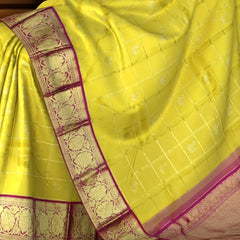 Yellow Checks with Peacock Motif Kanchipuram Silk Saree with Red Accents