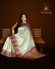 Light Beige Tear Bhutta Kanchipuram Silk Saree with Blue and Copper Accents