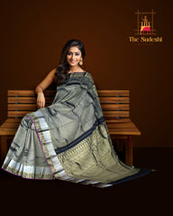Black Kanchi Pure Silk Saree with Silver and Gold Jacquard – A Timeless Symphony of Elegance