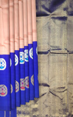 Light Pink Kanchi Pure Silk Saree with Royal Blue Border and Silver-Gold Circle Bhuttas – Subtle Elegance with a Regal Edge