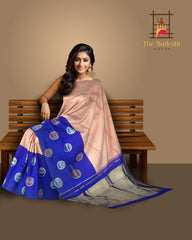 Light Pink Kanchi Pure Silk Saree with Royal Blue Border and Silver-Gold Circle Bhuttas – Subtle Elegance with a Regal Edge