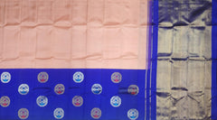 Light Pink Kanchi Pure Silk Saree with Royal Blue Border and Silver-Gold Circle Bhuttas – Subtle Elegance with a Regal Edge