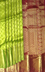 Lime Green Kanchi Pure Silk Saree with Brick Red Pallu – A Radiant Celebration of Elegance