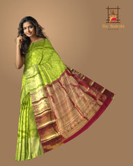 Lime Green Kanchi Pure Silk Saree with Brick Red Pallu – A Radiant Celebration of Elegance