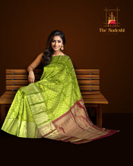 Lime Green Kanchi Pure Silk Saree with Brick Red Pallu – A Radiant Celebration of Elegance