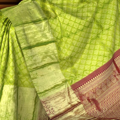 Lime Green Kanchi Pure Silk Saree with Brick Red Pallu – A Radiant Celebration of Elegance
