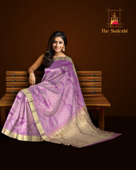 Dusty Rose Vertical Bhutta Kanchipuram Silk Saree with Teal Blue Pallu