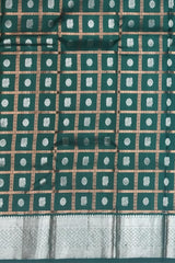 Dark Green Kanchi Pure Silk Saree with Silver Checks and Annam Chakram Butta – A Regal Tribute to Tradition