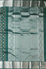 Dark Green Kanchi Pure Silk Saree with Silver Checks and Annam Chakram Butta – A Regal Tribute to Tradition
