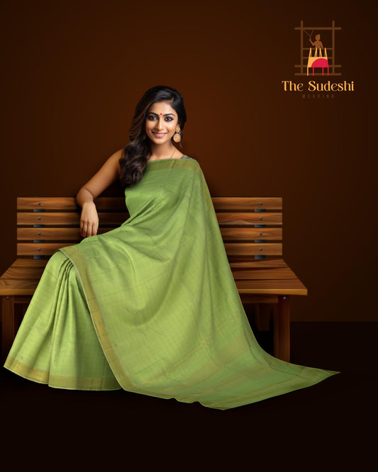 Pista Green Checks Pure Silk Saree with Self Design
