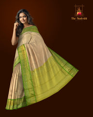 Off White and Parrot Green Contrast with Tissue Designs Pure Silk Saree