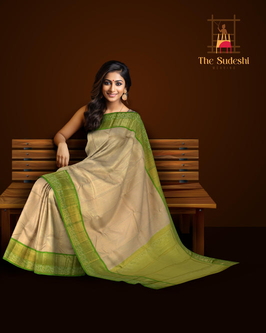 Off White and Parrot Green Contrast with Tissue Designs Pure Silk Saree