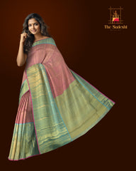 Pink Kanchipuram Silk Saree with checks, tissue, and pink podi kattam designs on the body with powder blue contrast border featuring benarspet with round motif and diamond butta design in pallu