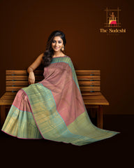 Pink Kanchipuram Silk Saree with checks, tissue, and pink podi kattam designs on the body with powder blue contrast border featuring benarspet with round motif and diamond butta design in pallu