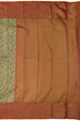 Gold Kanchipuram tissue Silk Saree with multicolor floral embossed designs on the body with red contrast border and diamond design pallu with floral motif