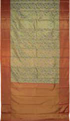 Gold Kanchipuram tissue Silk Saree with multicolor floral embossed designs on the body with red contrast border and diamond design pallu with floral motif