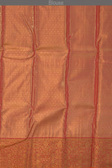 Gold Kanchipuram tissue Silk Saree with multicolor floral embossed designs on the body with red contrast border and diamond design pallu with floral motif
