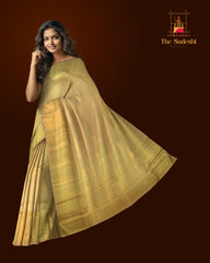 Biege Kanchipuram Silk Saree with motif and jacquard designs on the body with self diamond design with kamalam motif border and diamond and floral grand pallu designs