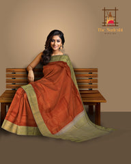 Red Kanchipuram Silk Saree with Checks, Brocade on the body with light grey contrast border and pallu featuring tear, motif, grand, intricately floral designed