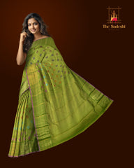 Lime green Kanchipuram Silk Saree with Tissue, Embossed, Meenakari, Diamond design with multicolour threadwork on the body with light green with lavender selvage contrast border and pallu featuring grand, floral intricately designed grand pallu