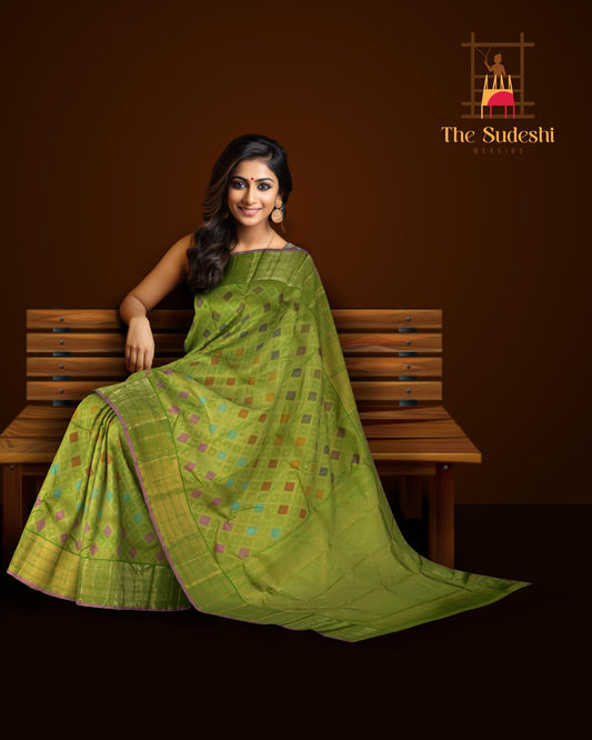 Lime green Kanchipuram Silk Saree with Tissue, Embossed, Meenakari, Diamond design with multicolour threadwork on the body with light green with lavender selvage contrast border and pallu featuring grand, floral intricately designed grand pallu