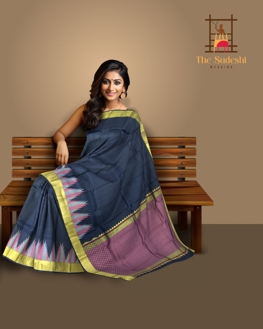 Majestic Navy Blue Kanchipuram Silk Saree with Ettukol Seepurek Thread Work