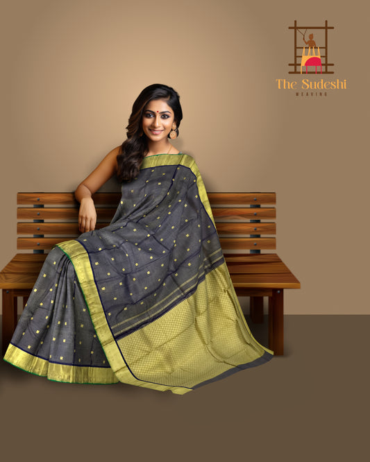 Striking Black Kanchipuram Silk Saree with Vayira Oosi Weave