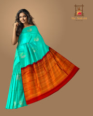 Mesmerizing Turquoise Blue Kanchipuram Silk Saree with Borderless Motifs
