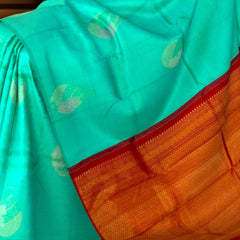 Mesmerizing Turquoise Blue Kanchipuram Silk Saree with Borderless Motifs