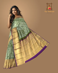 Regal Olive Green Kanchipuram Silk Saree with Floral Jacquard Motifs