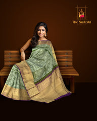 Regal Olive Green Kanchipuram Silk Saree with Floral Jacquard Motifs