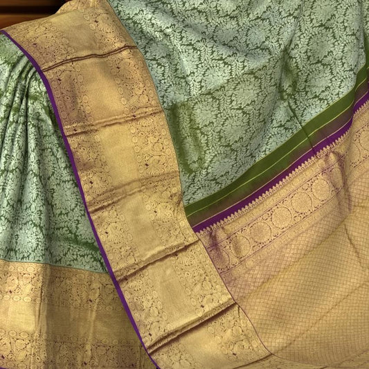 Regal Olive Green Kanchipuram Silk Saree with Floral Jacquard Motifs