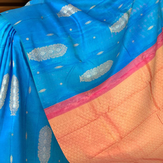Classic Blue Kanchipuram Silk Saree with Vairaoosi Motif Weave