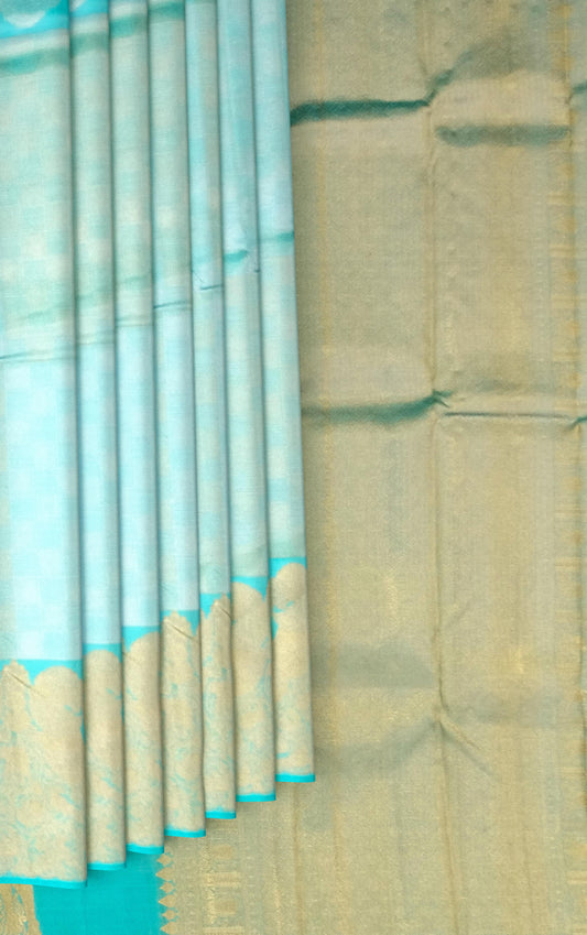 Ethereal Aqua Blue Kanchipuram Silk Saree with Yazhi Motif and Checks Basket Weave