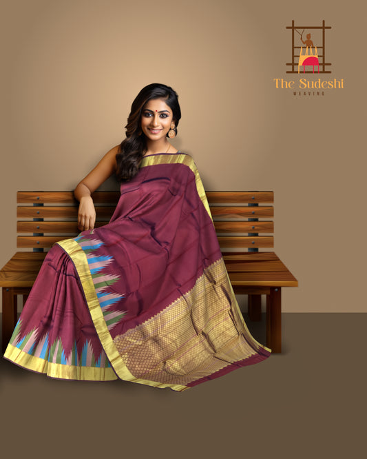 Elegant Maroon Kanchipuram Silk Saree with Temple Border and Thread Work