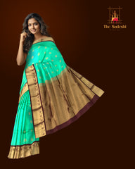 Sea Green Kanchipuram Silk Saree with Coffee Brown Border and Bhutta Design