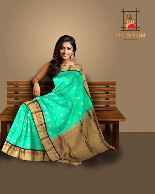 Sea Green Kanchipuram Silk Saree with Coffee Brown Border and Bhutta Design